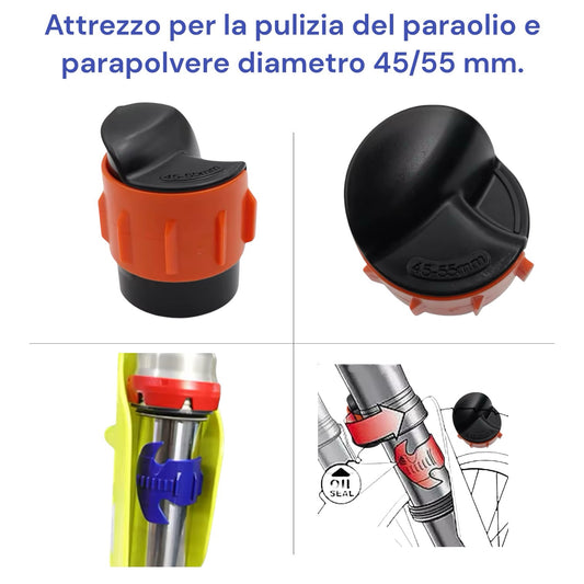 Attrezzo per la pulizia del paraolio e del parapolvere per forcelle di diametro da 45 a 55 mm.